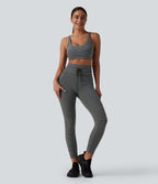 Jacquard Stripe High Waisted Drawstring Yoga Leggings with Pockets — Nightwood Stripe — view 6