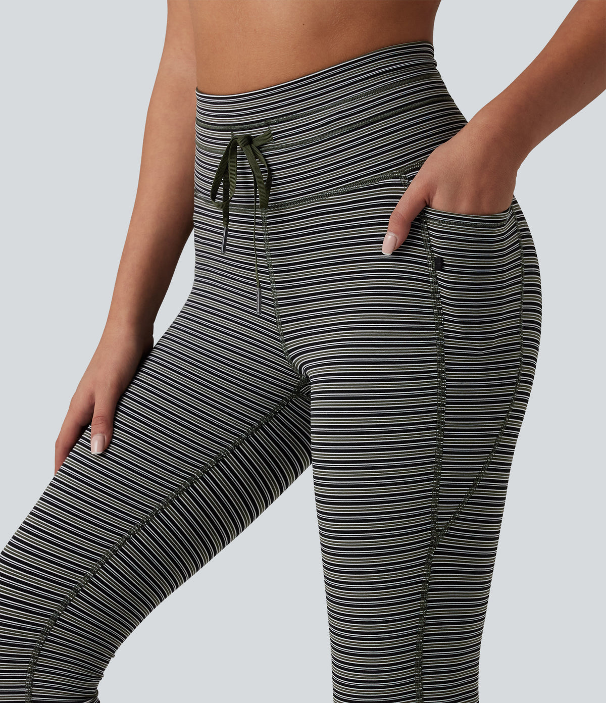 Jacquard Stripe High Waisted Drawstring Yoga Leggings with Pockets — Nightwood Stripe — view 4