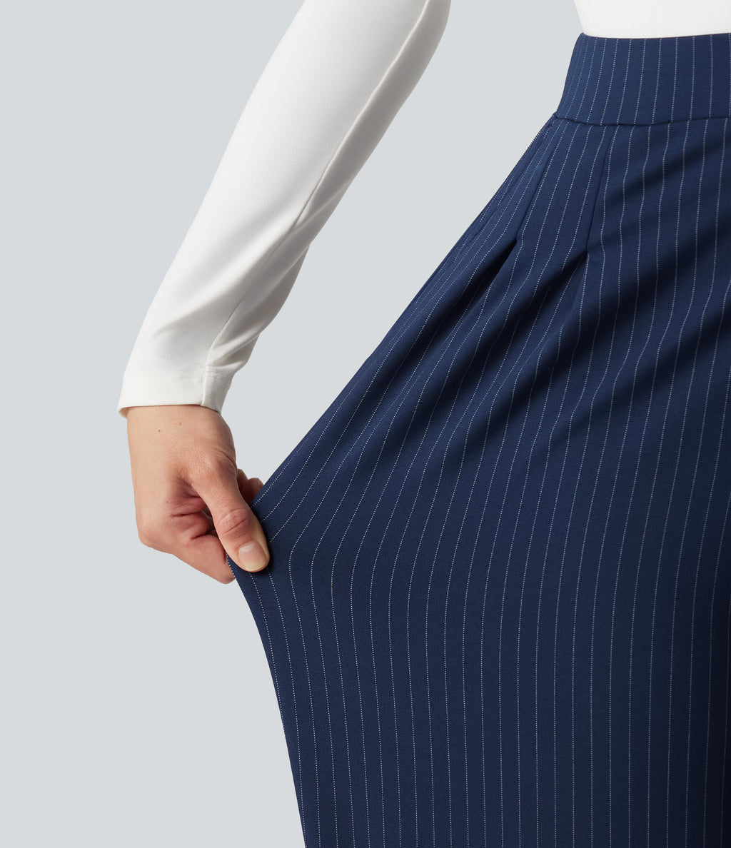 High Waisted Decorative Button Stripes Work Wide Leg Trousers with Pockets — Deep Current — view 5