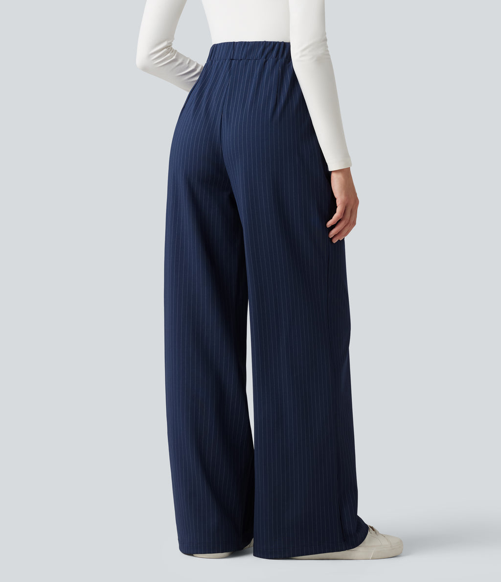 High Waisted Decorative Button Stripes Work Wide Leg Trousers with Pockets — Deep Current — view 4