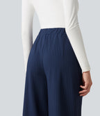 High Waisted Decorative Button Stripes Work Wide Leg Trousers with Pockets — Deep Current — view 8