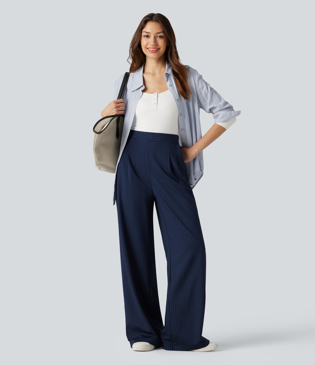 High Waisted Decorative Button Stripes Work Wide Leg Trousers with Pockets — Deep Current — view 2