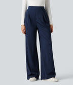 High Waisted Decorative Button Stripes Work Wide Leg Trousers with Pockets — Deep Current — view 1