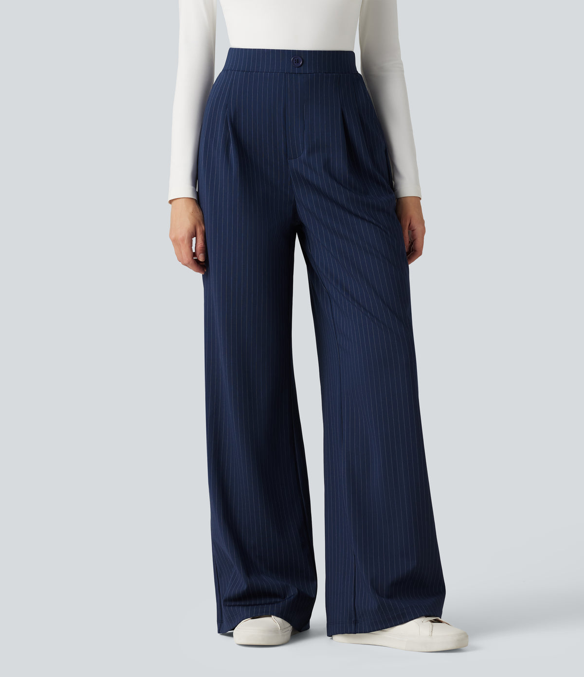 High Waisted Decorative Button Stripes Work Wide Leg Trousers with Pockets — Deep Current — view 1