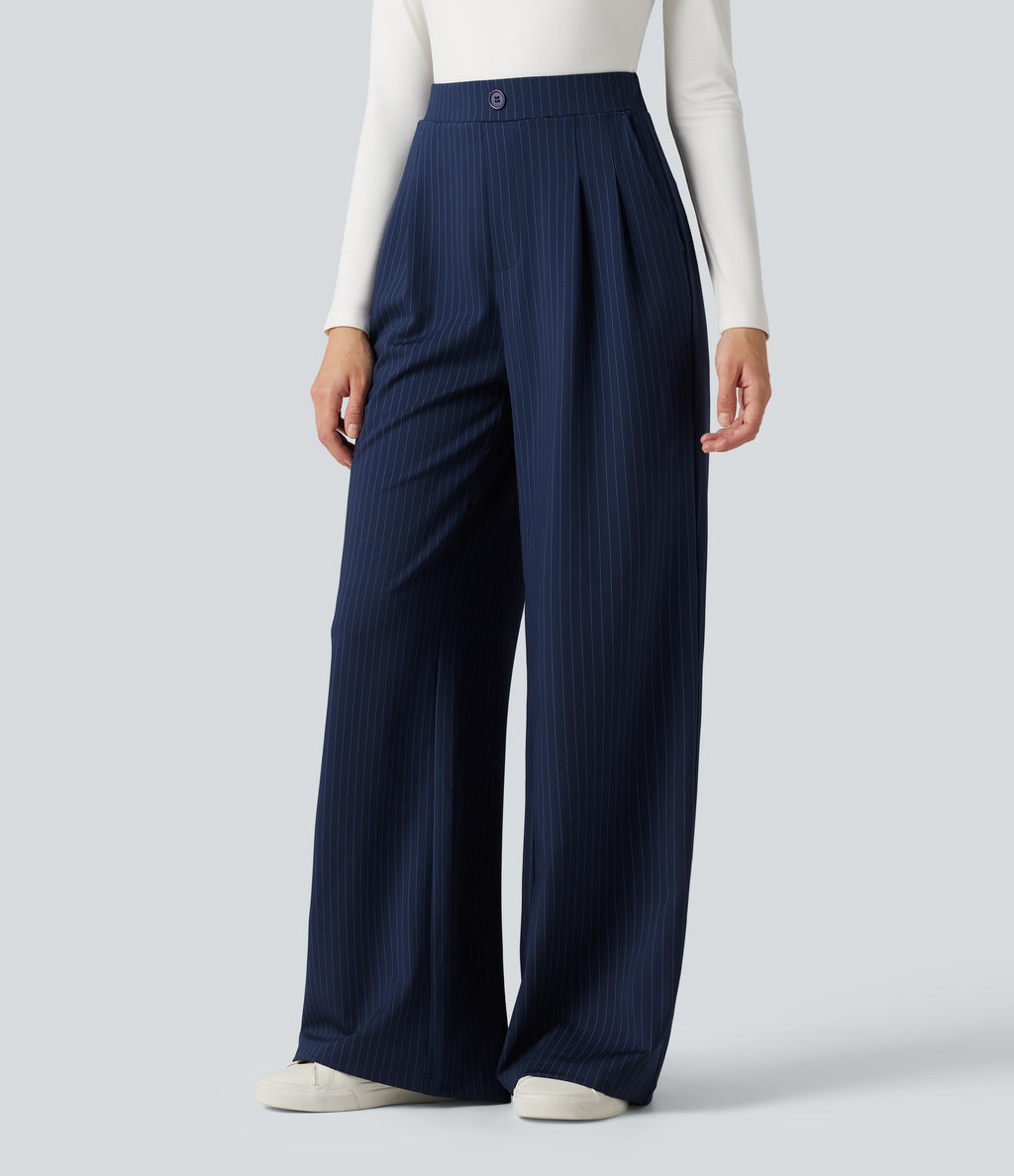 High Waisted Decorative Button Stripes Work Wide Leg Trousers with Pockets — Deep Current — view 3