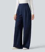 High Waisted Decorative Button Stripes Work Wide Leg Trousers with Pockets — Deep Current — view 3