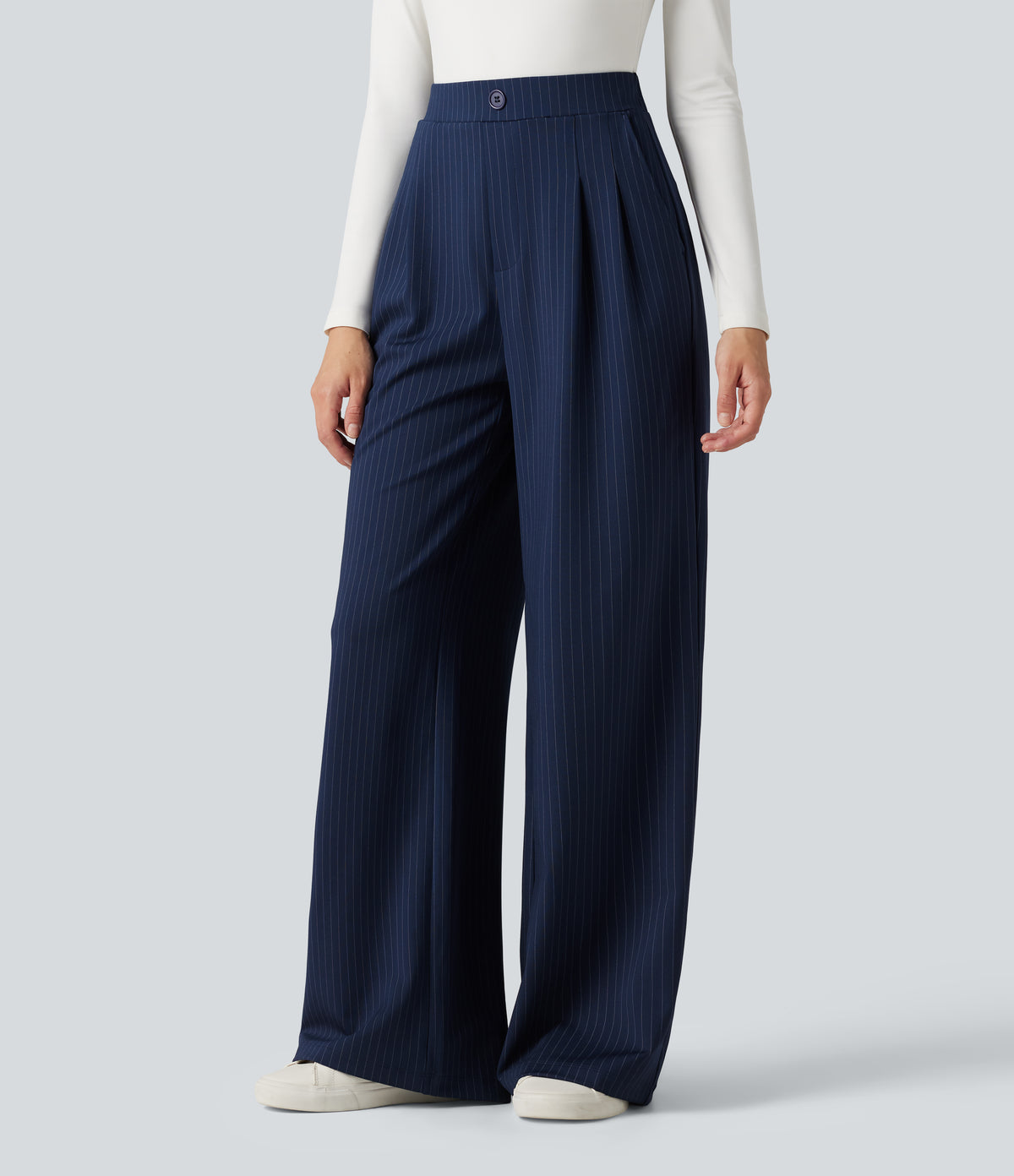 High Waisted Decorative Button Stripes Work Wide Leg Trousers with Pockets — Deep Current — view 3