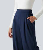 High Waisted Decorative Button Stripes Work Wide Leg Trousers with Pockets — Deep Current — view 7