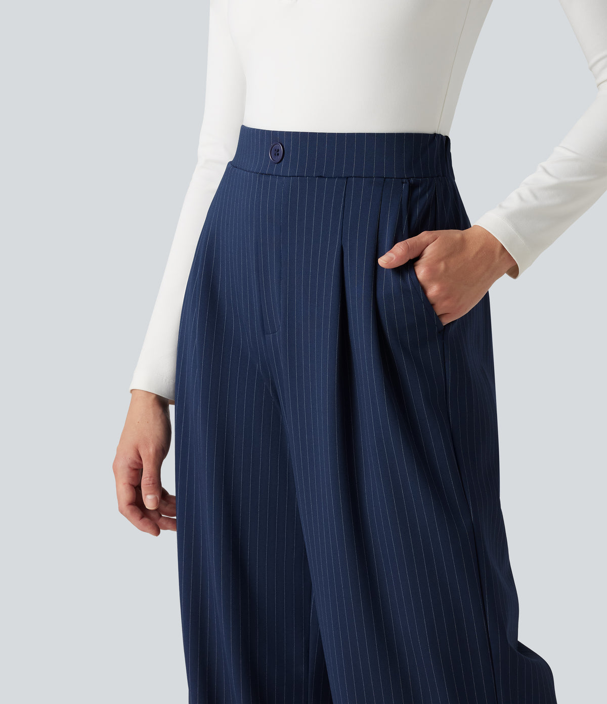 High Waisted Decorative Button Stripes Work Wide Leg Trousers with Pockets — Deep Current — view 7