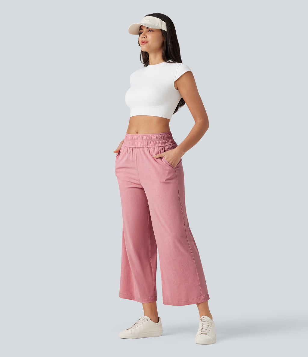 Mid Rise 7/8 Casual Stretch Linen Baggy Trousers with Pockets — Rosewater Soft Pink — view 6