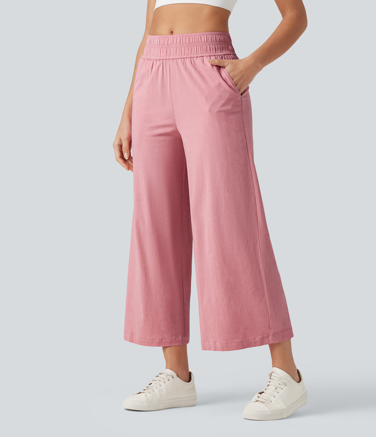 Mid Rise 7/8 Casual Stretch Linen Baggy Trousers with Pockets — Rosewater Soft Pink — view 3