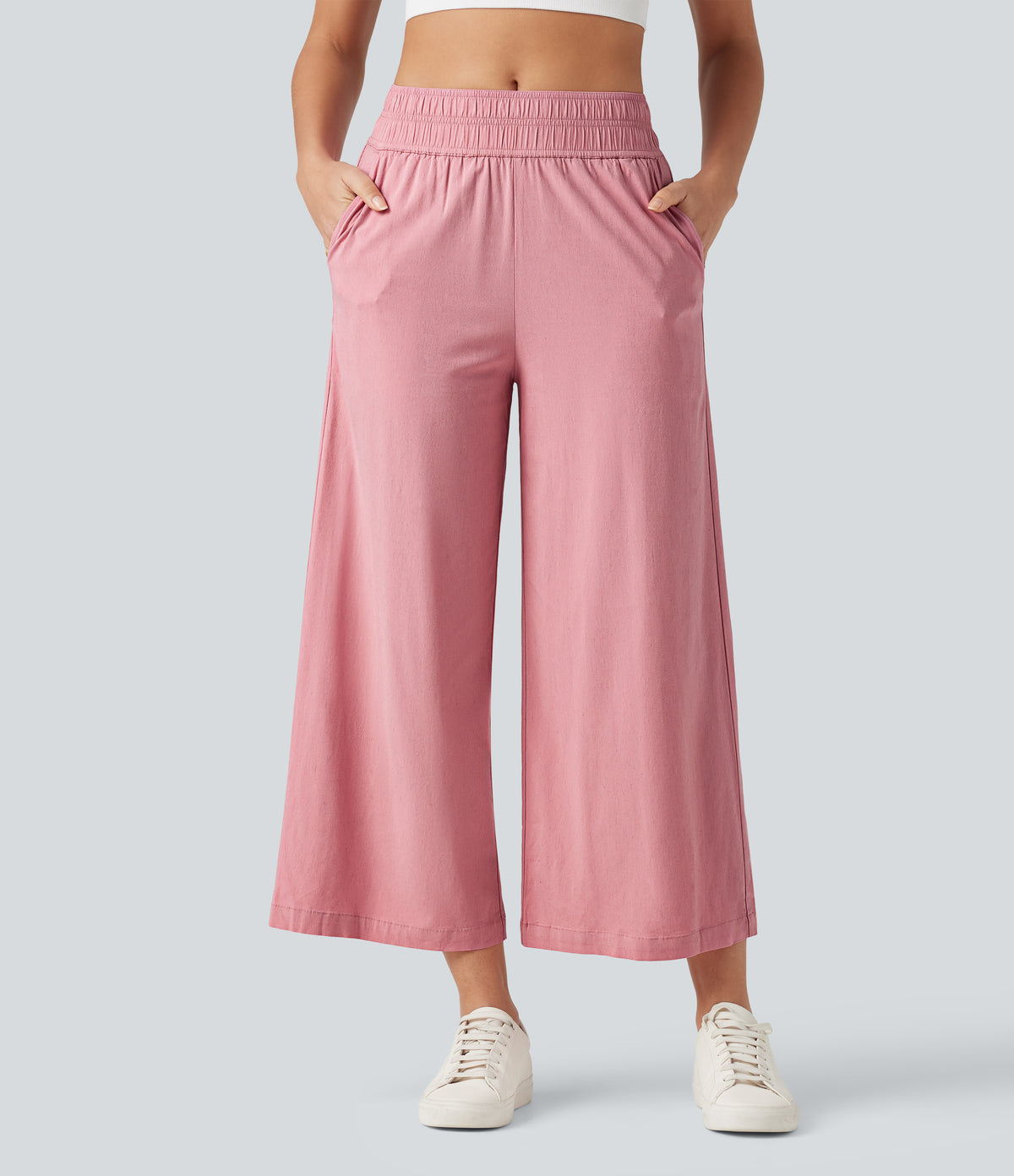 Mid Rise 7/8 Casual Stretch Linen Baggy Trousers with Pockets — Rosewater Soft Pink — view 1