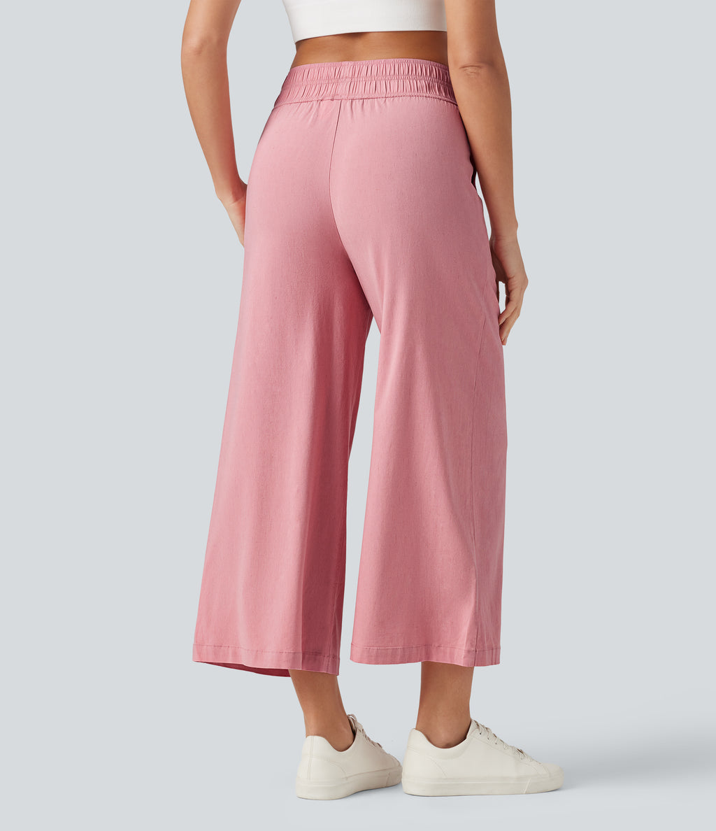 Mid Rise 7/8 Casual Stretch Linen Baggy Trousers with Pockets — Rosewater Soft Pink — view 2