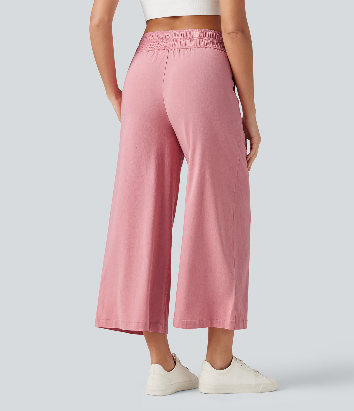 Mid Rise 7/8 Casual Stretch Linen Baggy Trousers with Pockets — Rosewater Soft Pink — view 2