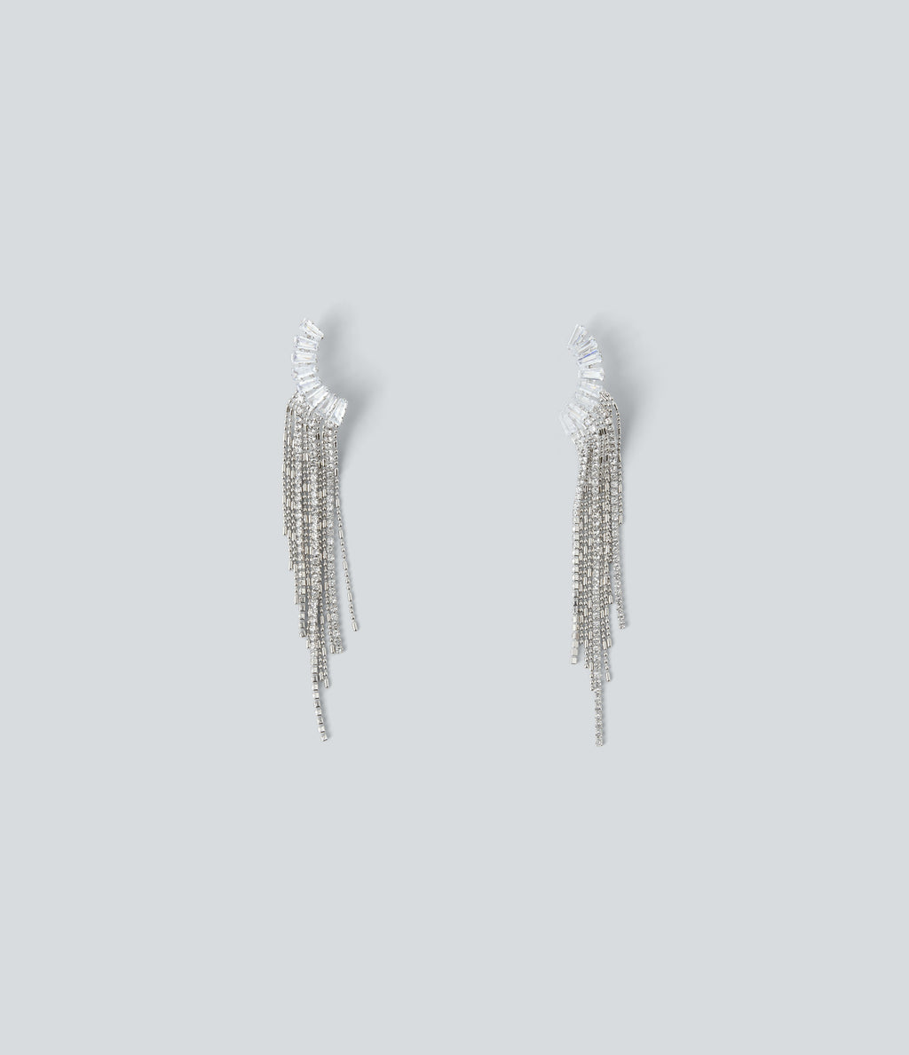 Rhinestone Tassel Long Earrings — Silver — view 1