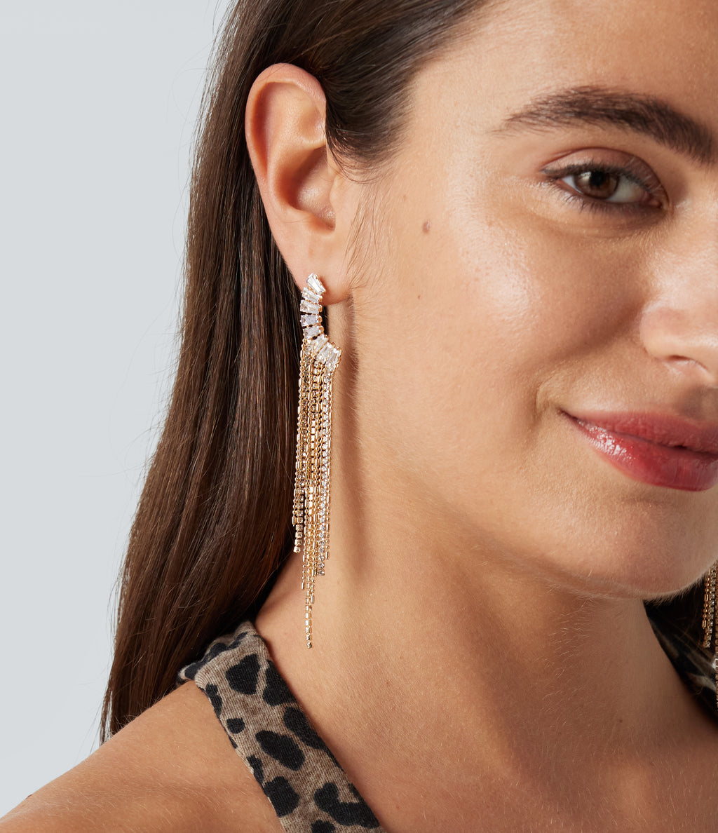 Rhinestone Tassel Long Earrings — Gold — additional view