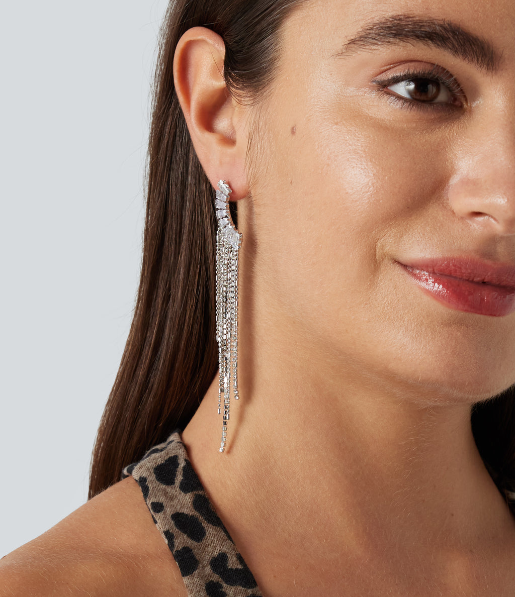 Rhinestone Tassel Long Earrings — Silver — view 3