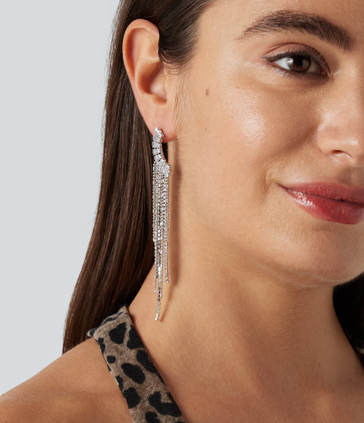 Rhinestone Tassel Long Earrings — Silver — view 3