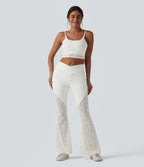 High Waisted Tummy Control Crossover Contrast Lace Flare Casual Jeans with Pockets — Bright White Denim — view 7