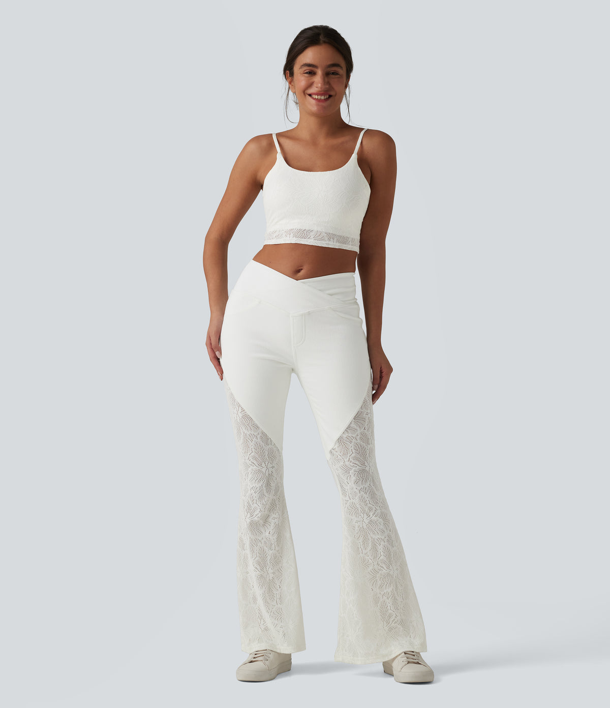 High Waisted Tummy Control Crossover Contrast Lace Flare Casual Jeans with Pockets — Bright White Denim — view 7