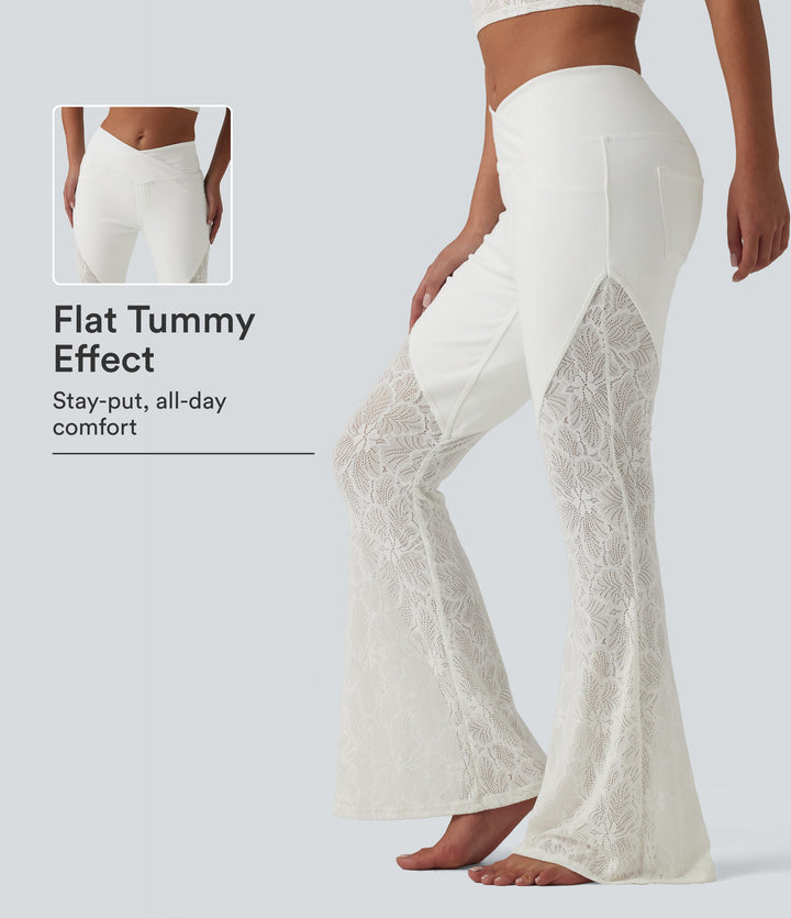High Waisted Tummy Control Crossover Contrast Lace Flare Casual Jeans with Pockets — Bright White Denim — view 1