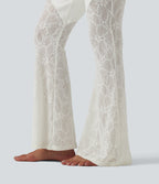 High Waisted Tummy Control Crossover Contrast Lace Flare Casual Jeans with Pockets — Bright White Denim — view 6