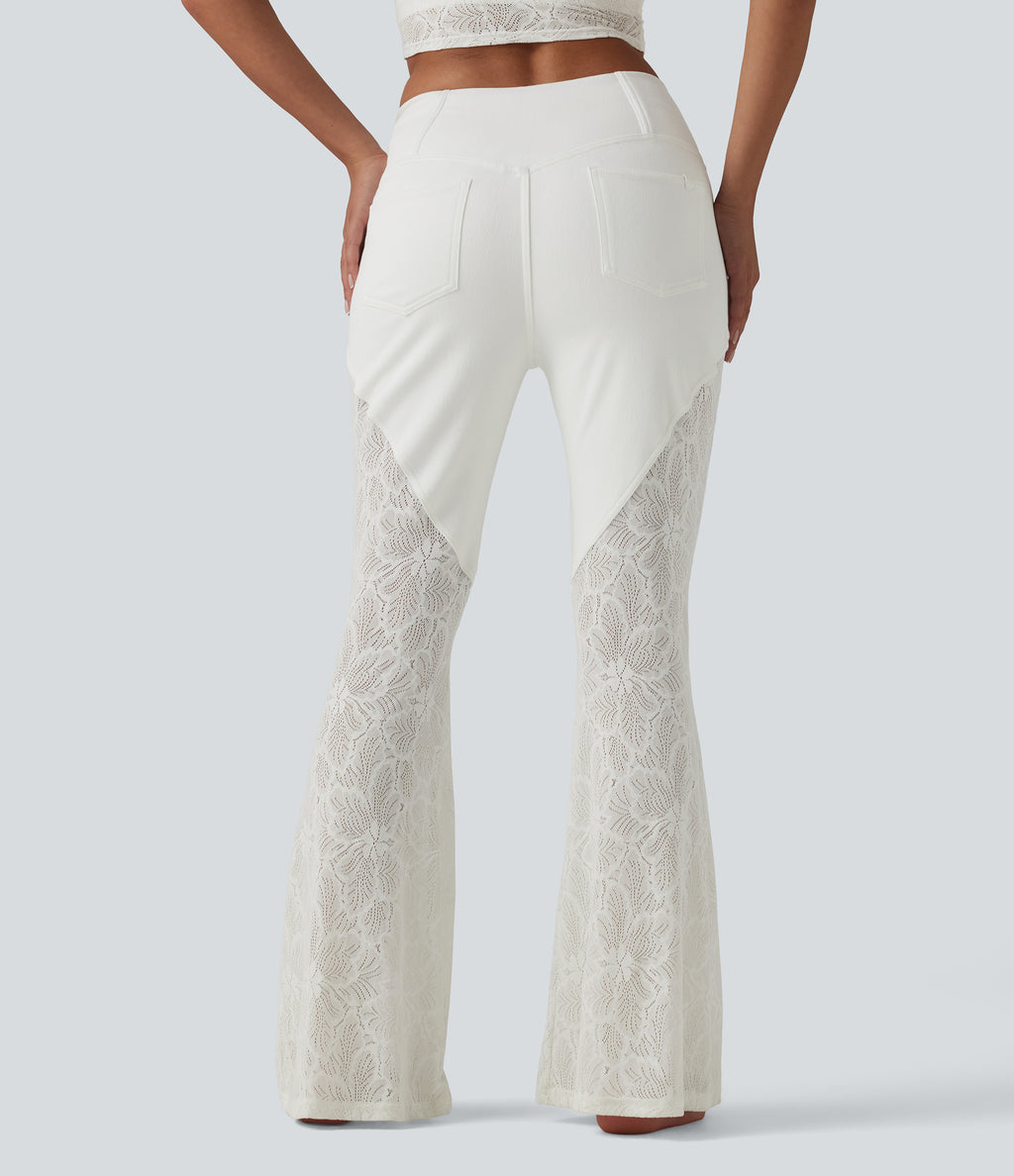 High Waisted Tummy Control Crossover Contrast Lace Flare Casual Jeans with Pockets — Bright White Denim — view 2