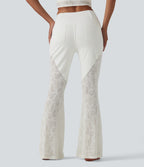 High Waisted Tummy Control Crossover Contrast Lace Flare Casual Jeans with Pockets — Bright White Denim — view 2