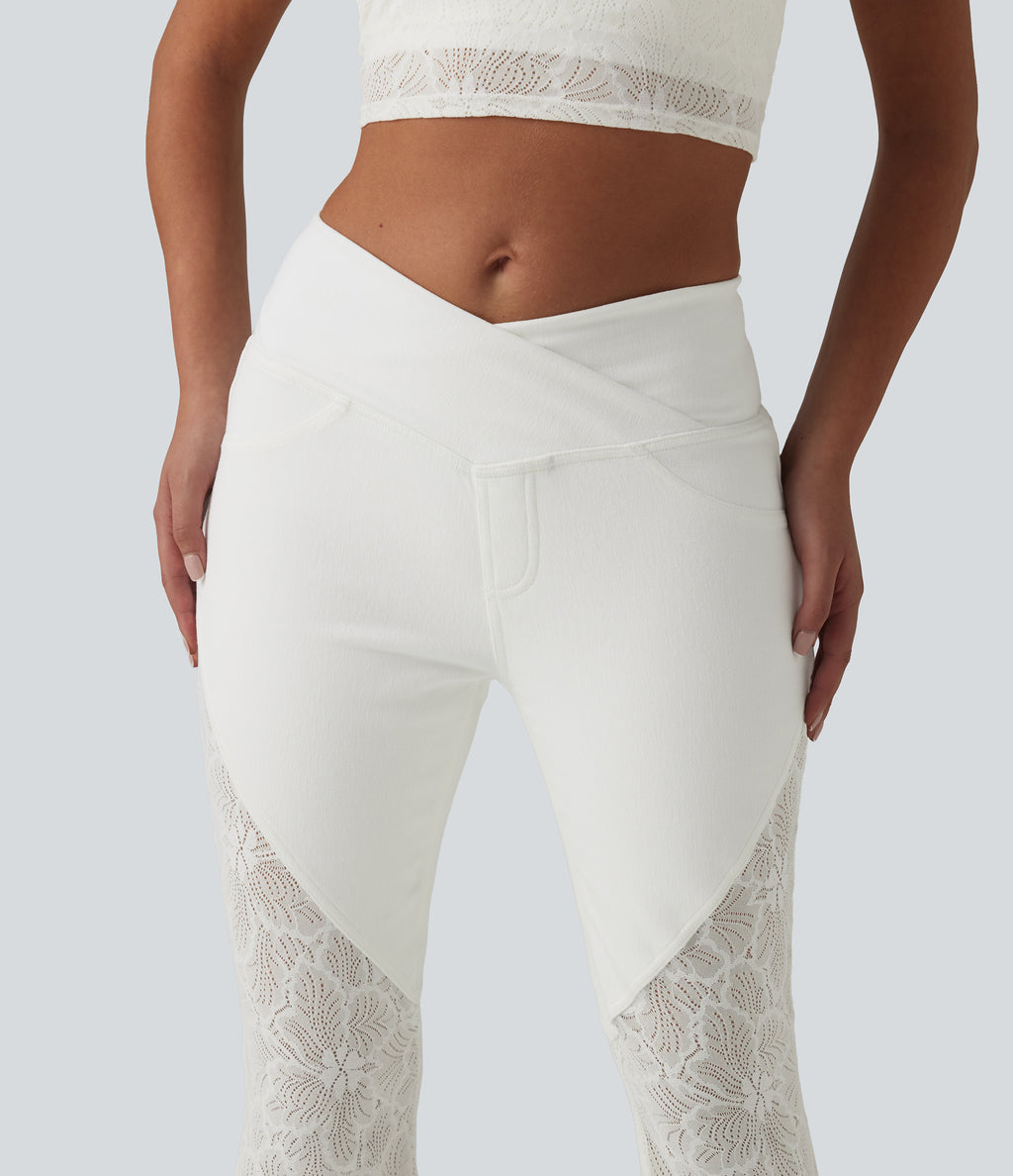 High Waisted Tummy Control Crossover Contrast Lace Flare Casual Jeans with Pockets — Bright White Denim — view 5
