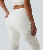 High Waisted Tummy Control Crossover Contrast Lace Flare Casual Jeans with Pockets — Bright White Denim — view 4