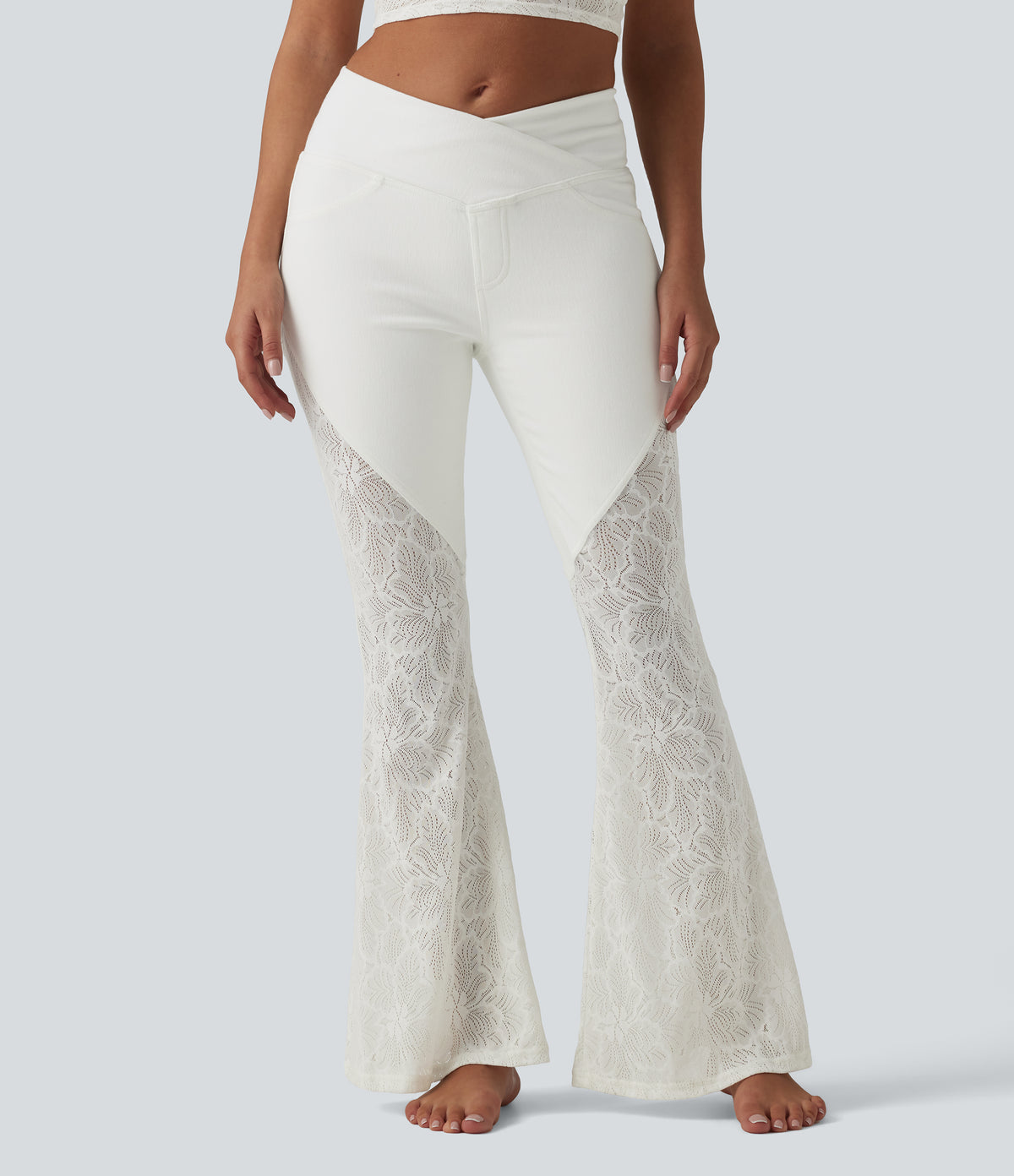 High Waisted Tummy Control Crossover Contrast Lace Flare Casual Jeans with Pockets — Bright White Denim — view 3