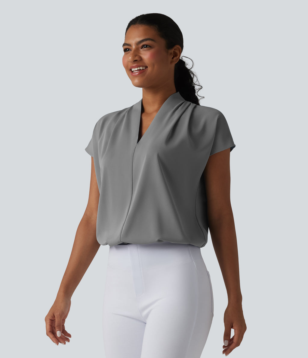 Wrinkle Recovery V-neck Batwing Sleeve Loose Fit Work Blouse — Griffin — view 3