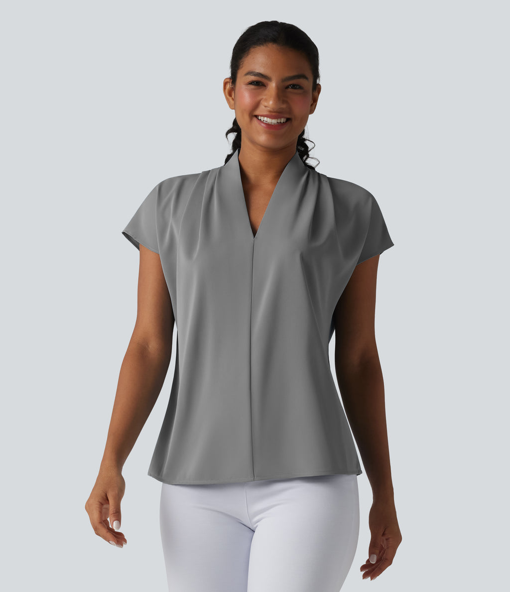 Wrinkle Recovery V-neck Batwing Sleeve Loose Fit Work Blouse — Griffin — view 6