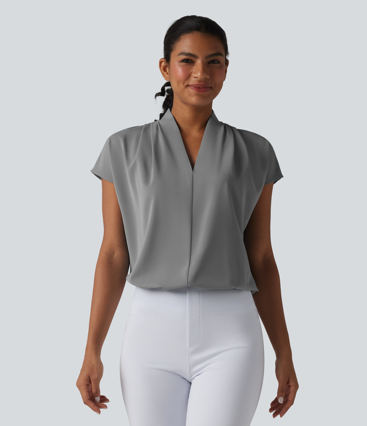 Wrinkle Recovery V-neck Batwing Sleeve Loose Fit Work Blouse — Griffin — view 1