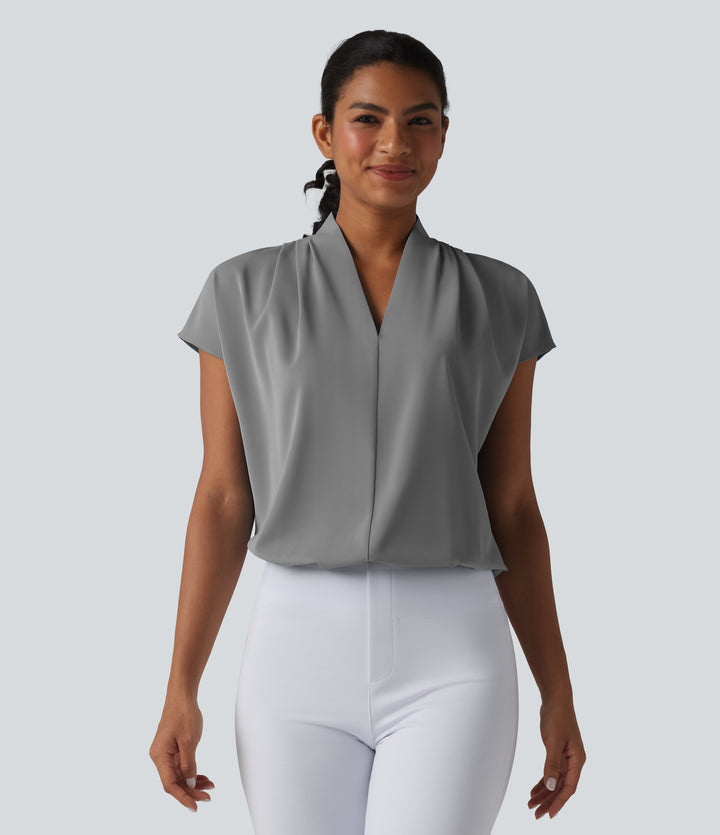 Wrinkle Recovery V-neck Batwing Sleeve Loose Fit Work Blouse — Griffin — view 1