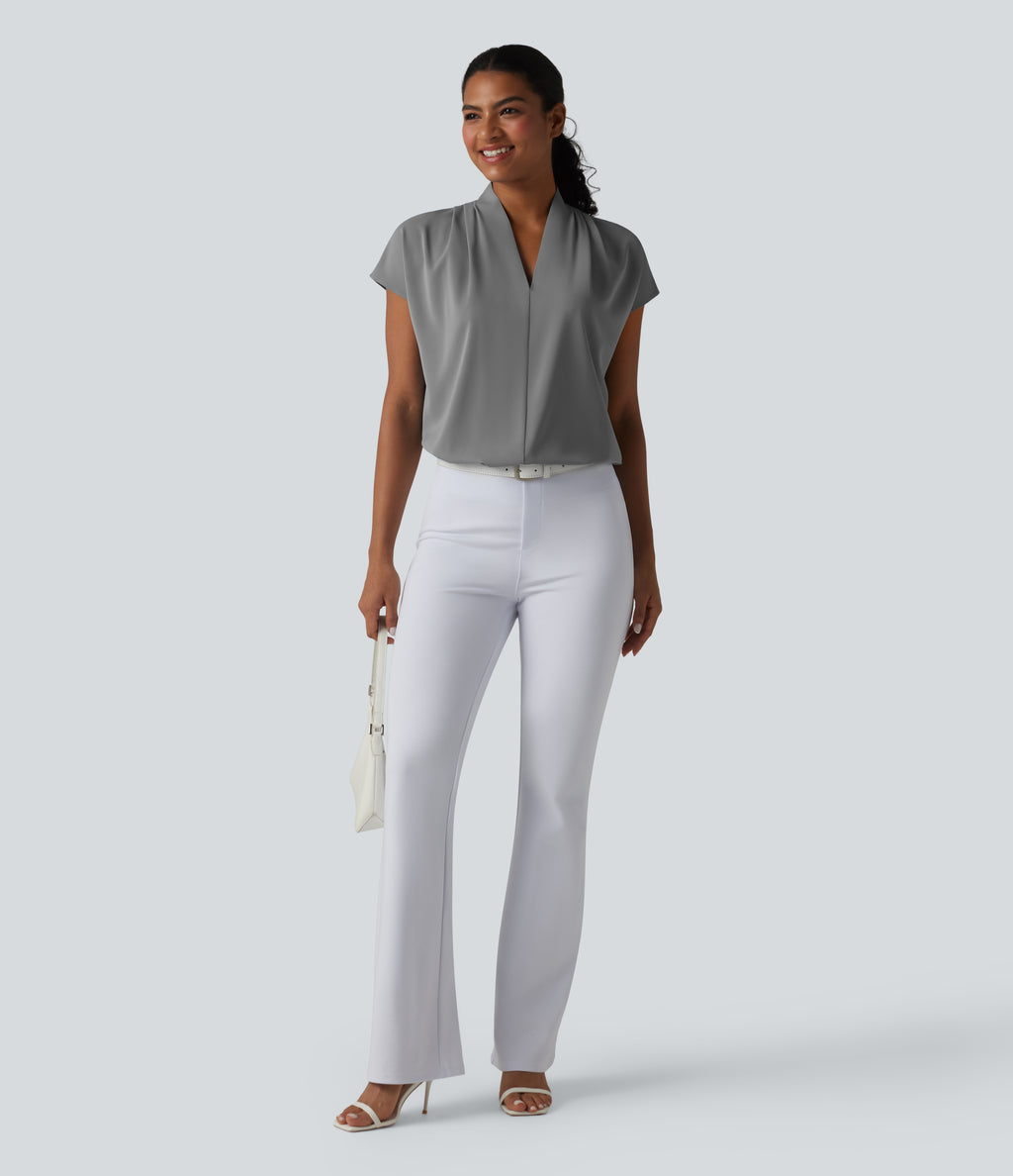Wrinkle Recovery V-neck Batwing Sleeve Loose Fit Work Blouse — Griffin — view 7