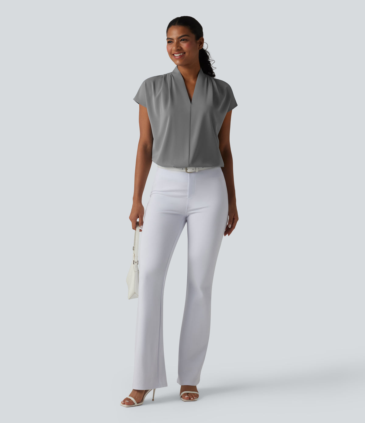 Wrinkle Recovery V-neck Batwing Sleeve Loose Fit Work Blouse — Griffin — view 7