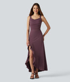 Crisscross Backless Split Ruffle Hem Built-in Bra Midi Party Flowy Dress — Plum Wine — view 2