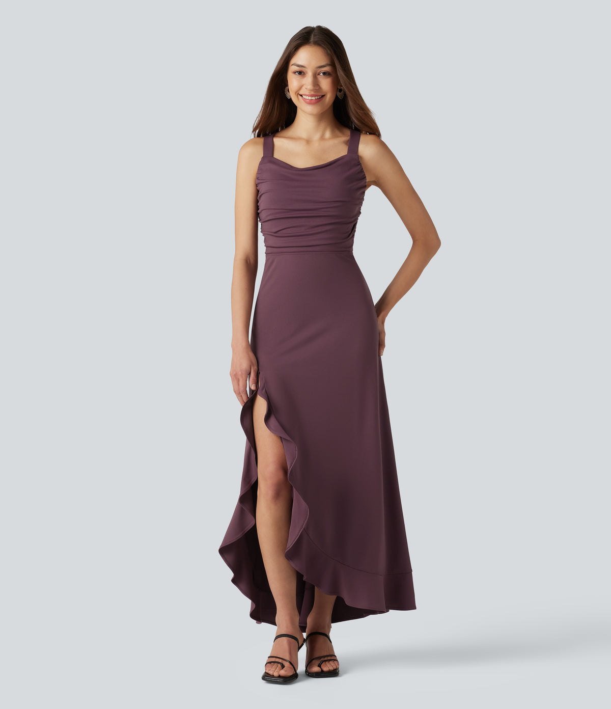Crisscross Backless Split Ruffle Hem Built-in Bra Midi Party Flowy Dress — Plum Wine — view 2
