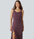 Crisscross Backless Split Ruffle Hem Built-in Bra Midi Party Flowy Dress — Plum Wine — view 5