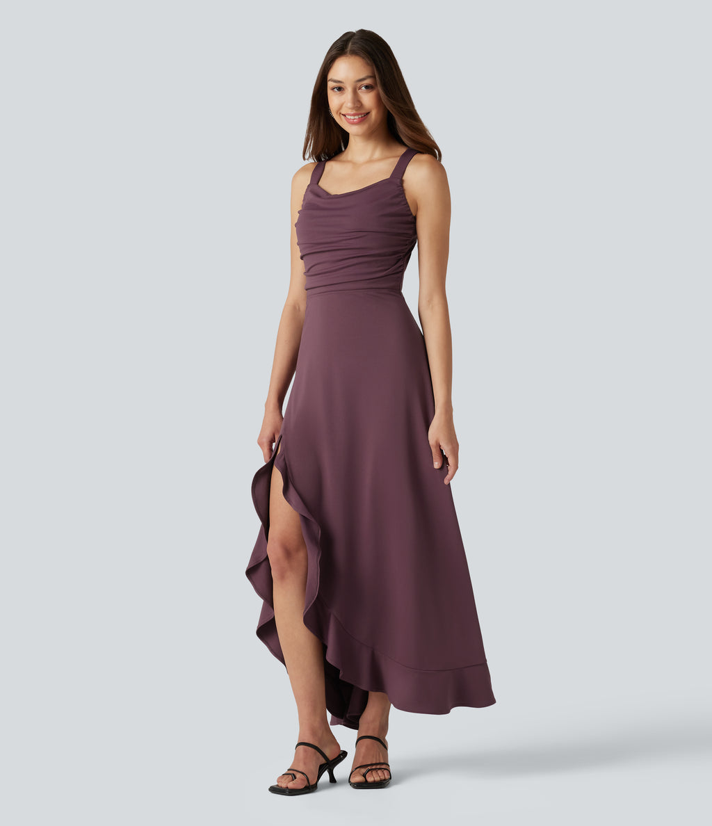 Crisscross Backless Split Ruffle Hem Built-in Bra Midi Party Flowy Dress — Plum Wine — view 3