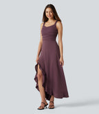 Crisscross Backless Split Ruffle Hem Built-in Bra Midi Party Flowy Dress — Plum Wine — view 3