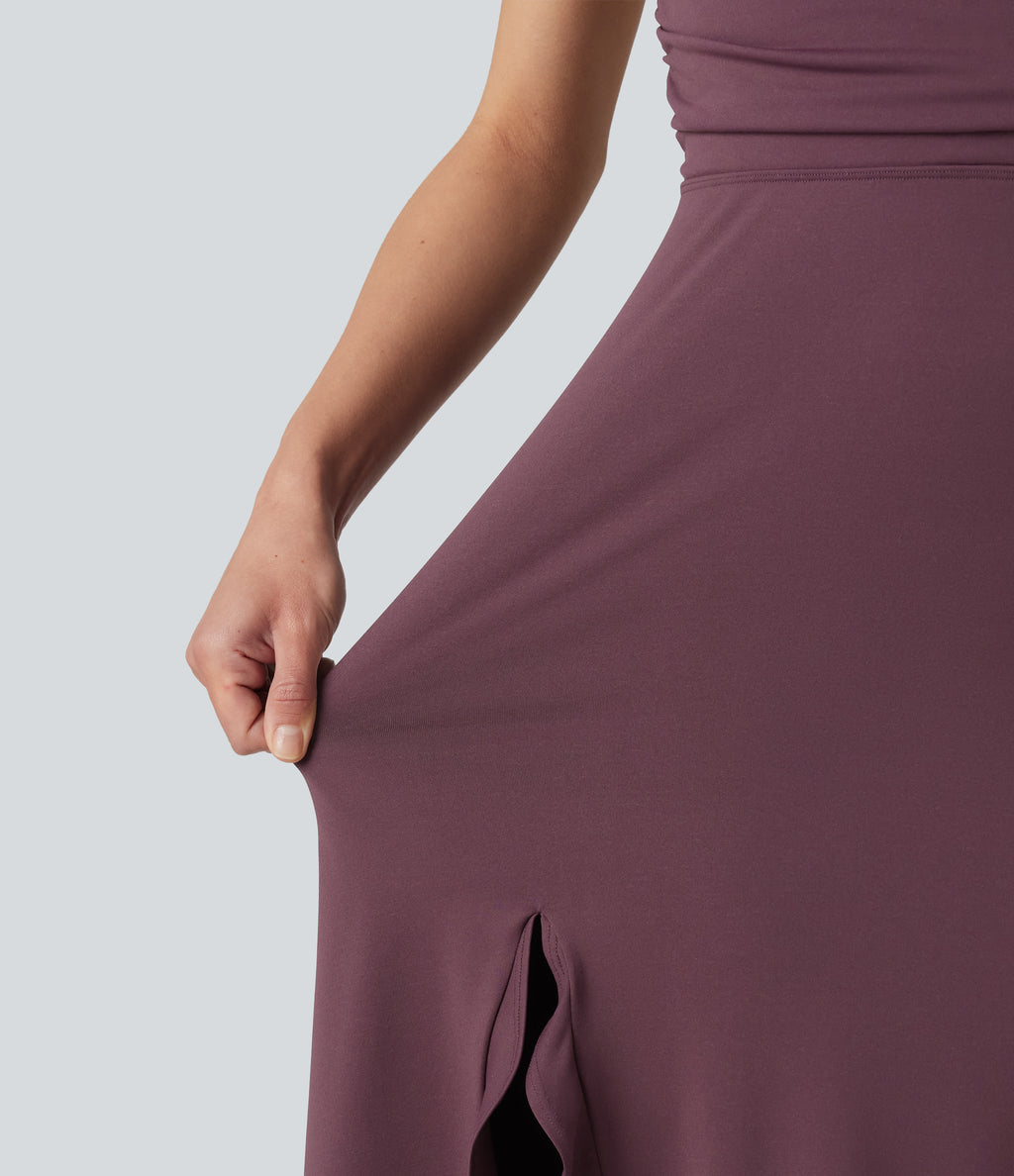 Crisscross Backless Split Ruffle Hem Built-in Bra Midi Party Flowy Dress — Plum Wine — view 7