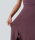 Crisscross Backless Split Ruffle Hem Built-in Bra Midi Party Flowy Dress — Plum Wine — view 7
