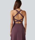 Crisscross Backless Split Ruffle Hem Built-in Bra Midi Party Flowy Dress — Plum Wine — view 4