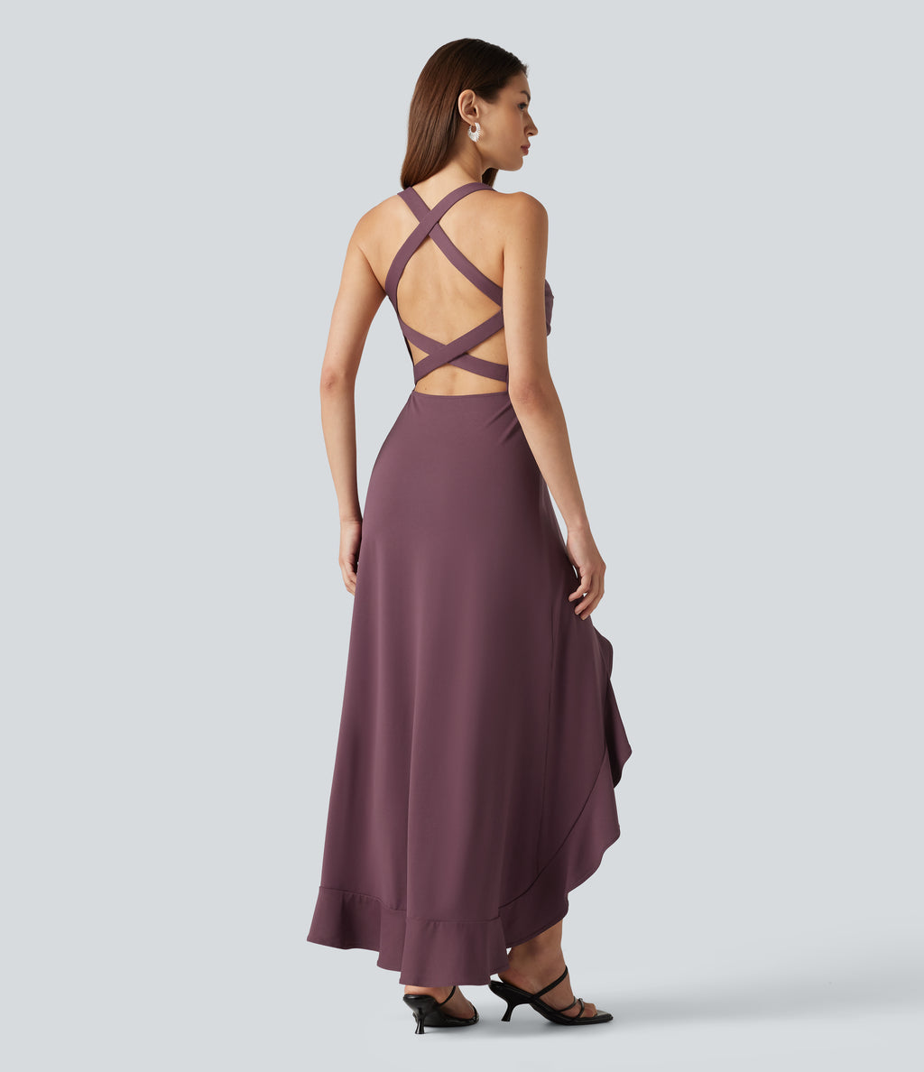Crisscross Backless Split Ruffle Hem Built-in Bra Midi Party Flowy Dress — Plum Wine — view 1