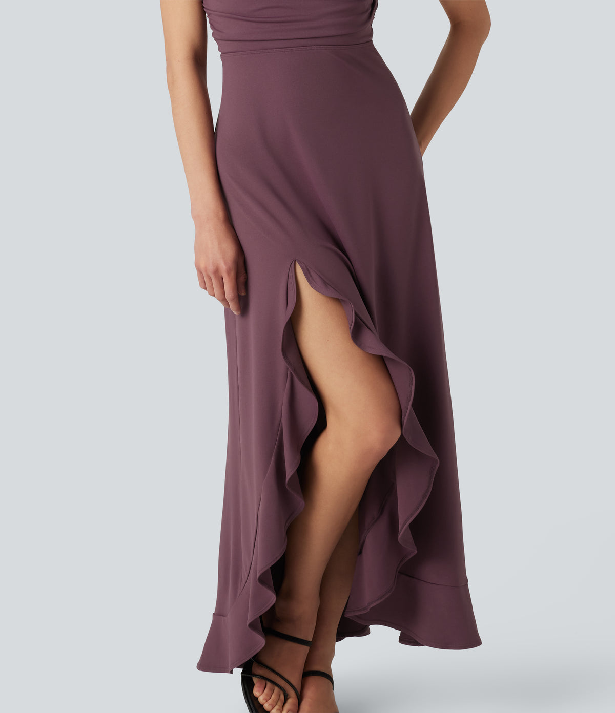 Crisscross Backless Split Ruffle Hem Built-in Bra Midi Party Flowy Dress — Plum Wine — view 6