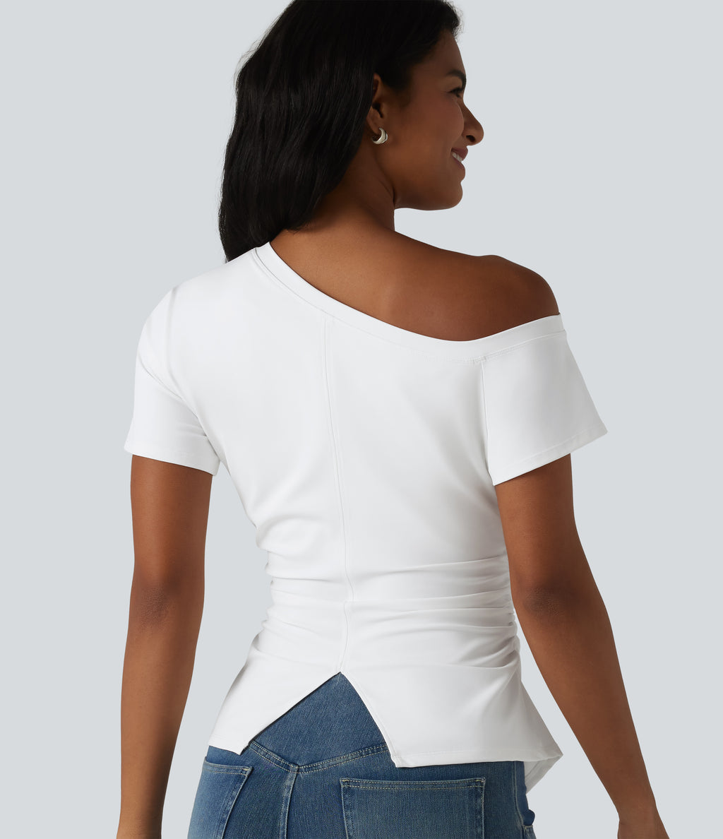 Airy One-Shoulder Ruched Split Built-in Bra InstantCool Casual T-Shirt — White — view 6