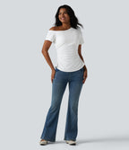 Airy One-Shoulder Ruched Split Built-in Bra InstantCool Casual T-Shirt — White — view 7