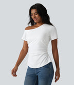 Airy One-Shoulder Ruched Split Built-in Bra InstantCool Casual T-Shirt — White — view 3